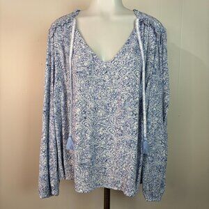 Frye Top Large Blue White Paisley Tie-Neck Long Sleeve Blouse Women's